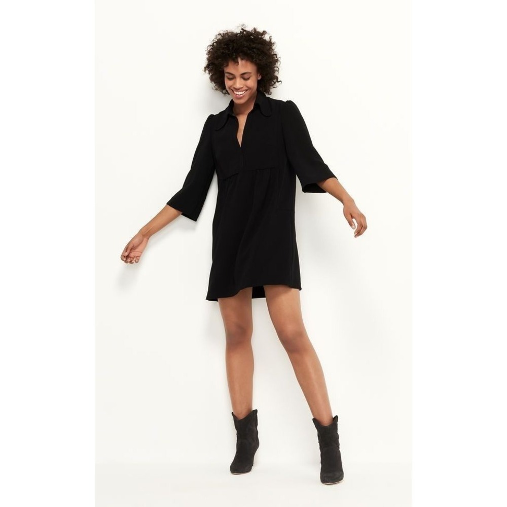 ba&sh Chet Black 3/4 Sleeve Flowy Mini Collared Dress in‎ Black Size XS